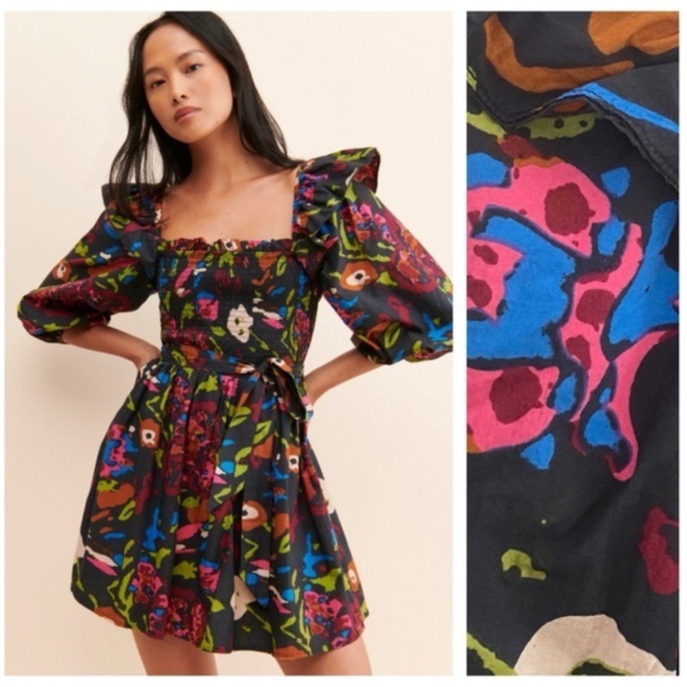 Cleobella Black Colorful Smocked Kira Mini Dress Small